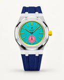 Dark blue textile-effect strap for AP x Swatch Royal Pop Otg Roz, silver case (crown at 3 o'clock)