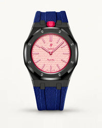 Dark blue textile-effect strap for AP x Swatch Royal Pop Otto Rosso, black case (crown at 12 o'clock)
