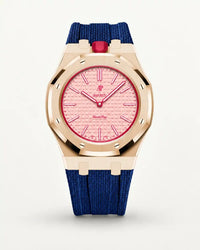Dark blue textile-effect strap for AP x Swatch Royal Pop Otto Rosso, rose gold case (crown at 12 o'clock)
