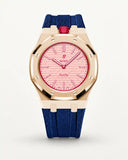 Dark blue textile-effect strap for AP x Swatch Royal Pop Otto Rosso, rose gold case (crown at 12 o'clock)