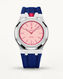 Dark blue textile-effect strap for AP x Swatch Royal Pop Otto Rosso, silver case (crown at 12 o'clock)