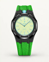 Green textile-effect strap for AP x Swatch Royal Pop Blaue Acht, black case (crown at 12 o'clock)