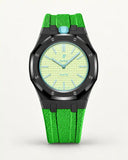 Green textile-effect strap for AP x Swatch Royal Pop Blaue Acht, black case (crown at 12 o'clock)