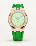 Green textile-effect strap for AP x Swatch Royal Pop Blaue Acht, rose gold case (crown at 12 o'clock)