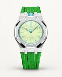 Green textile-effect strap for AP x Swatch Royal Pop Blaue Acht, silver case (crown at 12 o'clock)
