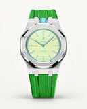 Green textile-effect strap for AP x Swatch Royal Pop Blaue Acht, silver case (crown at 12 o'clock)