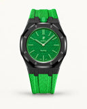 Green textile-effect strap for AP x Swatch Royal Pop Green Eight, black case (crown at 12 o'clock)