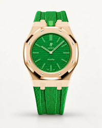 Green textile-effect strap for AP x Swatch Royal Pop Green Eight, rose gold case (crown at 12 o'clock)