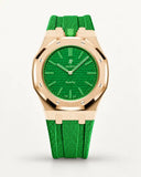 Green textile-effect strap for AP x Swatch Royal Pop Green Eight, rose gold case (crown at 12 o'clock)