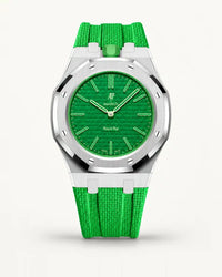 Green textile-effect strap for AP x Swatch Royal Pop Green Eight, silver case (crown at 12 o'clock)