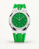Green textile-effect strap for AP x Swatch Royal Pop Green Eight, silver case (crown at 12 o'clock)