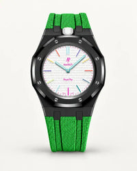 Cinturino effetto tessuto verde per AP x Swatch Royal Pop Huit Blanc, cassa nera (corona a ore 12)