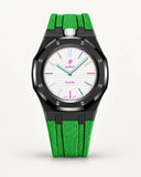 Cinturino effetto tessuto verde per AP x Swatch Royal Pop Huit Blanc, cassa nera (corona a ore 12)