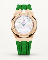 Cinturino effetto tessuto verde per AP x Swatch Royal Pop Huit Blanc, cassa oro rosa (corona a ore 12)