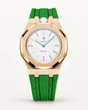 Cinturino effetto tessuto verde per AP x Swatch Royal Pop Huit Blanc, cassa oro rosa (corona a ore 12)