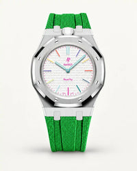 Cinturino effetto tessuto verde per AP x Swatch Royal Pop Huit Blanc, cassa argento (corona a ore 12)