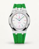 Cinturino effetto tessuto verde per AP x Swatch Royal Pop Huit Blanc, cassa argento (corona a ore 12)