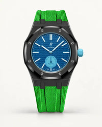 Green textile-effect strap for AP x Swatch Royal Pop Làn Ba, black case (crown at 3 o'clock)