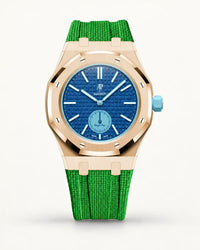 Green textile-effect strap for AP x Swatch Royal Pop Làn Ba, rose gold case (crown at 3 o'clock)