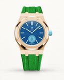 Green textile-effect strap for AP x Swatch Royal Pop Làn Ba, rose gold case (crown at 3 o'clock)