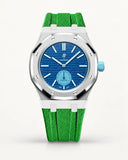 Green textile-effect strap for AP x Swatch Royal Pop Làn Ba, silver case (crown at 3 o'clock)
