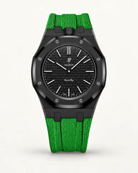Green textile-effect strap for AP x Swatch Royal Pop Ocho Negro, black case (crown at 12 o'clock)
