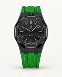 Green textile-effect strap for AP x Swatch Royal Pop Ocho Negro, black case (crown at 12 o'clock)