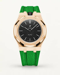Green textile-effect strap for AP x Swatch Royal Pop Ocho Negro, rose gold case (crown at 12 o'clock)