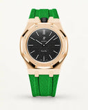 Green textile-effect strap for AP x Swatch Royal Pop Ocho Negro, rose gold case (crown at 12 o'clock)