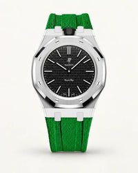 Green textile-effect strap for AP x Swatch Royal Pop Ocho Negro, silver case (crown at 12 o'clock)