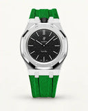 Green textile-effect strap for AP x Swatch Royal Pop Ocho Negro, silver case (crown at 12 o'clock)