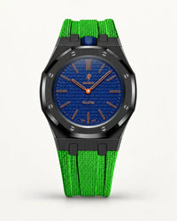 Cinturino effetto tessuto verde per AP x Swatch Royal Pop Orenji Hachi, cassa nera (corona a ore 12)