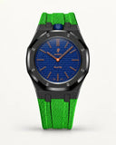 Cinturino effetto tessuto verde per AP x Swatch Royal Pop Orenji Hachi, cassa nera (corona a ore 12)