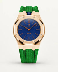 Cinturino effetto tessuto verde per AP x Swatch Royal Pop Orenji Hachi, cassa oro rosa (corona a ore 12)