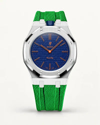 Cinturino effetto tessuto verde per AP x Swatch Royal Pop Orenji Hachi, cassa argento (corona a ore 12)