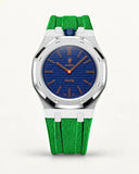 Cinturino effetto tessuto verde per AP x Swatch Royal Pop Orenji Hachi, cassa argento (corona a ore 12)