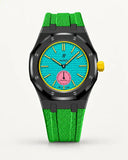 Green textile-effect strap for AP x Swatch Royal Pop Otg Roz, black case (crown at 3 o'clock)