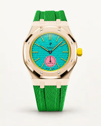Green textile-effect strap for AP x Swatch Royal Pop Otg Roz, rose gold case (crown at 3 o'clock)