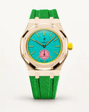 Green textile-effect strap for AP x Swatch Royal Pop Otg Roz, rose gold case (crown at 3 o'clock)