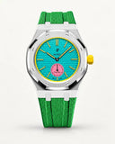 Green textile-effect strap for AP x Swatch Royal Pop Otg Roz, silver case (crown at 3 o'clock)