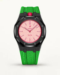 Green textile-effect strap for AP x Swatch Royal Pop Otto Rosso, black case (crown at 12 o'clock)