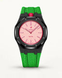 Green textile-effect strap for AP x Swatch Royal Pop Otto Rosso, black case (crown at 12 o'clock)