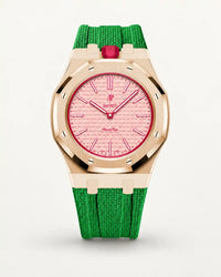Green textile-effect strap for AP x Swatch Royal Pop Otto Rosso, rose gold case (crown at 12 o'clock)