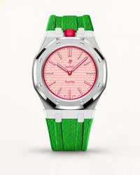 Green textile-effect strap for AP x Swatch Royal Pop Otto Rosso, silver case (crown at 12 o'clock)