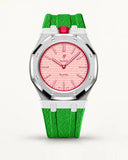 Green textile-effect strap for AP x Swatch Royal Pop Otto Rosso, silver case (crown at 12 o'clock)