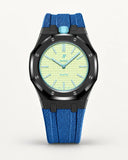 Grey blue textile-effect strap for AP x Swatch Royal Pop Blaue Acht, black case (crown at 12 o'clock)