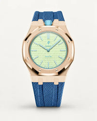 Grey blue textile-effect strap for AP x Swatch Royal Pop Blaue Acht, rose gold case (crown at 12 o'clock)