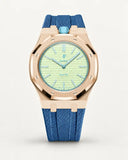 Grey blue textile-effect strap for AP x Swatch Royal Pop Blaue Acht, rose gold case (crown at 12 o'clock)
