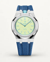 Grey blue textile-effect strap for AP x Swatch Royal Pop Blaue Acht, silver case (crown at 12 o'clock)