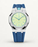 Grey blue textile-effect strap for AP x Swatch Royal Pop Blaue Acht, silver case (crown at 12 o'clock)